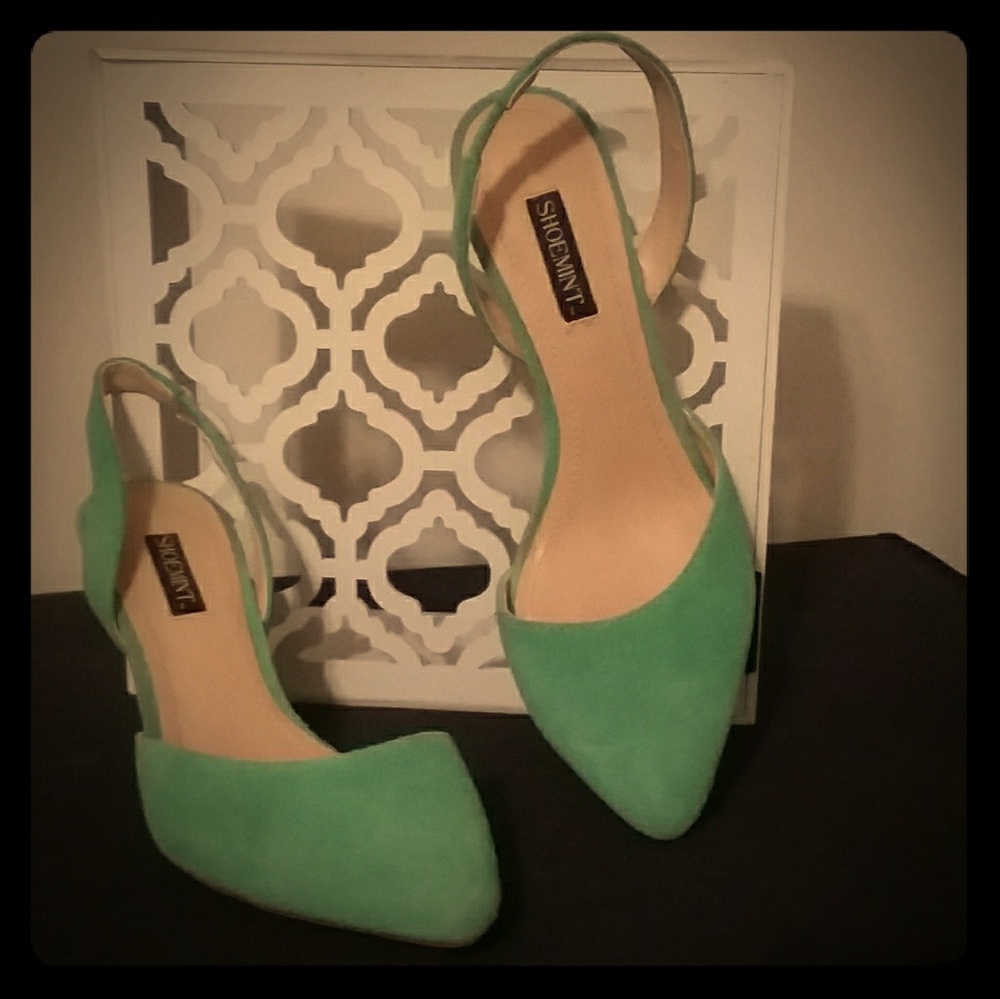 Mint suede kitten heel sling-backs